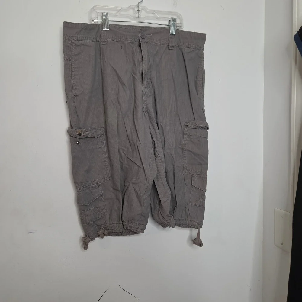 Carbon Mens Grey Cotton Cargo Shorts Size 32 Utility Multi Pocket Drawstring Hem
